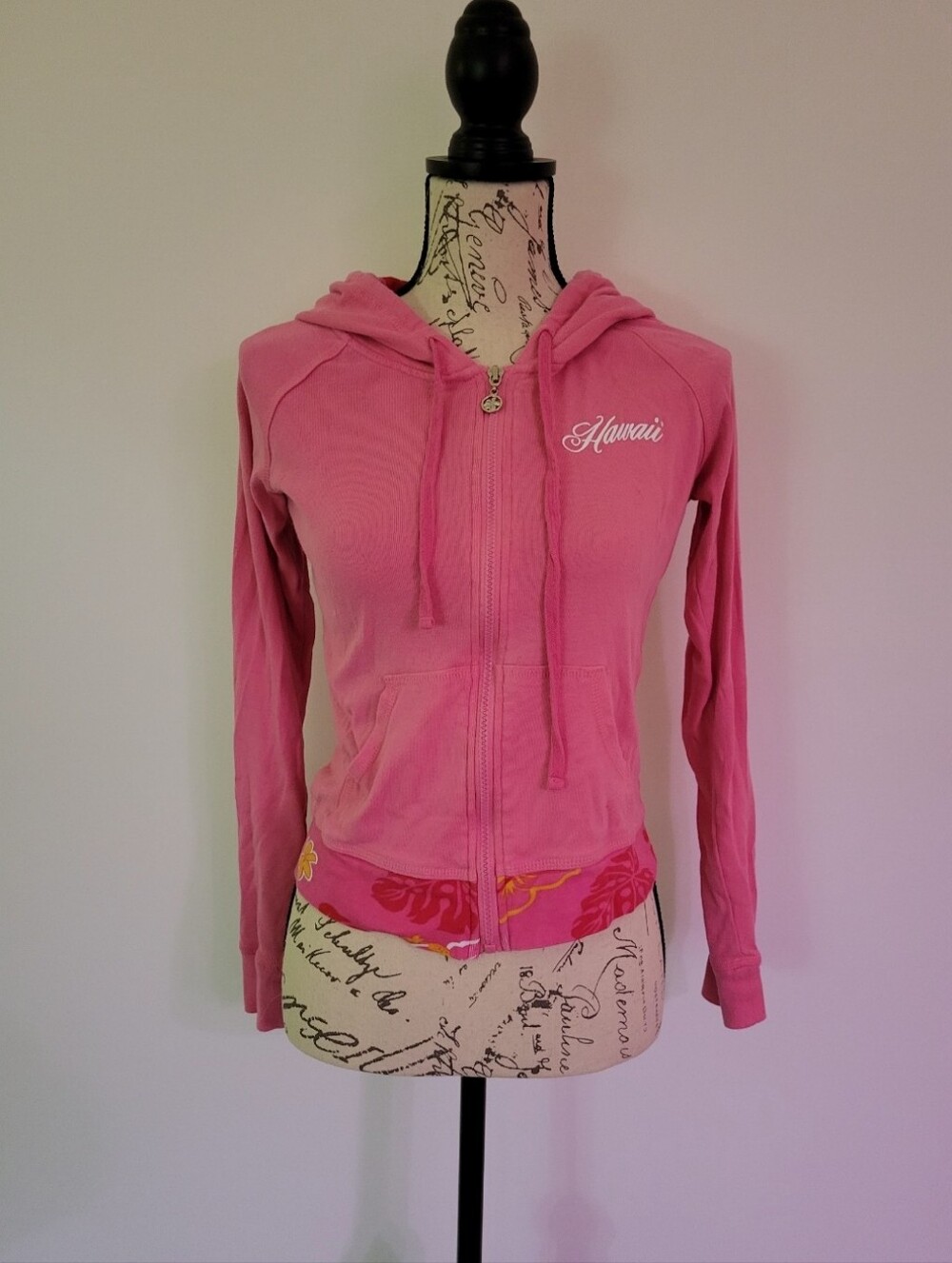 Hawaii Pink Zip Hoodie with Floral Hem